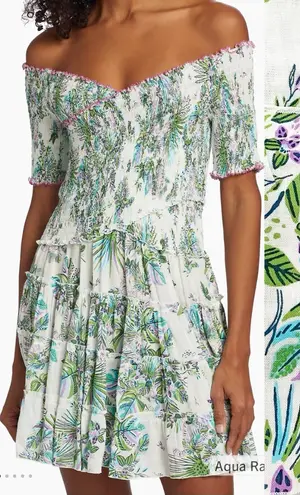 Poupette St. Barth Soledad Smocked Mini Dress Aqua Rain Forrest Tropical Jungle