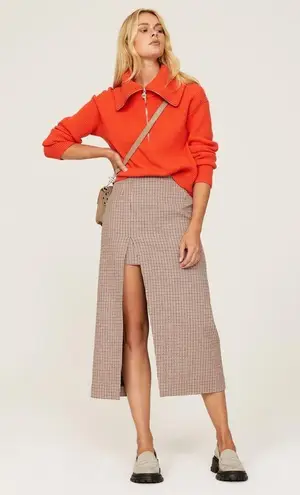 Maje Jaisa Brown Plaid Wool Blend Front Back Slit Edgy Pencil Skirt Size US 8 - Image 4