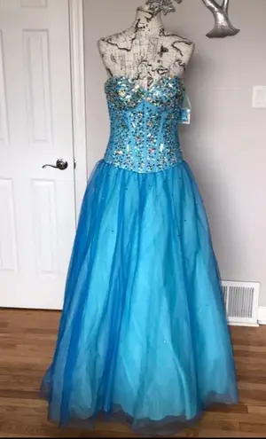 Ice & Fire Aquamarine Turquoise Corset Tulle Straps Gown Ball Evening beads xv heart Fairy Embellish Sequin Pageant Blue Size 12