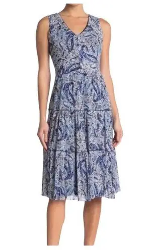 Tahari New Paisley Fit Flare Tiered Sleeveless V-Neck Dress Blue XS