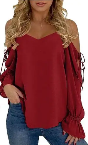 Yoins S Cold Shoulder Long Sleeve Tops for Women Lace-up Chiffon Casual Blouse