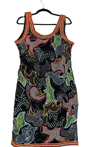 Pinky Creations 80s Vintage Sequin Silk Hand Beaded Dress Size XL Black