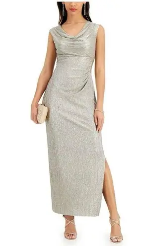 Connected Apparel Gold Slitted Metallic Sleeveless Cowl Neck Maxi Sheath Dress