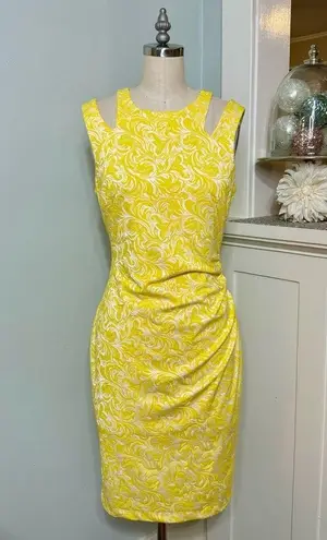 Cache  Floral Cutout Sheath Dress Yellow & White Size 2