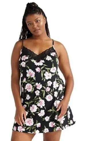 Joyspun Women’s Lace Trim Knit Chemise, Size 2X, BLACK WITH PINK FLOWERS