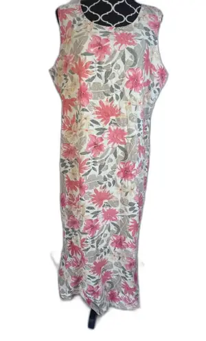 Liz Baker Vintage Cream Floral Print 100% Silk Sleeveless Shift Maxi Dress Sz 1X