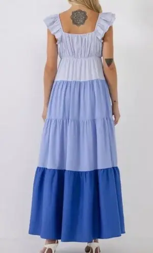 English Factory Ruffle Shoulder Color Block Tiered Maxi Dress
