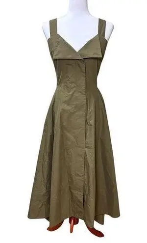 Proenza Schouler Green Cotton Poplin Midi Dress Asymmetrical Button Frnt 8 READ