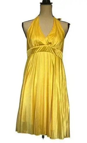AUW Halter Dress Sz Medium Bright Yellow Shiny Pleated Babydoll Tie Retro Y2K