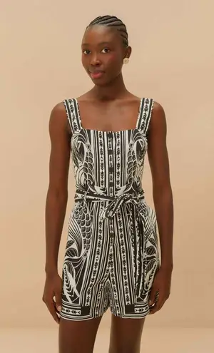 Farm Rio Off-White Monochrome Elegance Scarf Lenzing Romper, Size Medium, $190