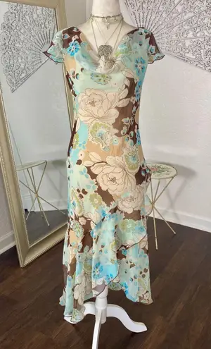 B. Smart Early 2000's Tan Cream Teal Blue Frilly Ruffle Asymmetric Midi Dress S