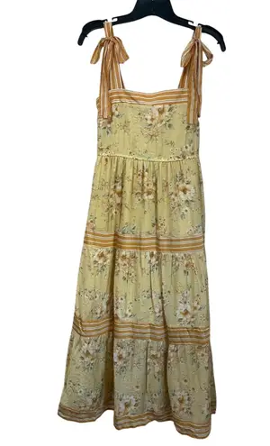By the River Yellow Floral Midi Dress Tie Strap Sundress Cottagecore Size Large
