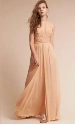 BHLDN Anthropologie Aurelie 100% Silk Peach Pleated Maxi Dress Size 4