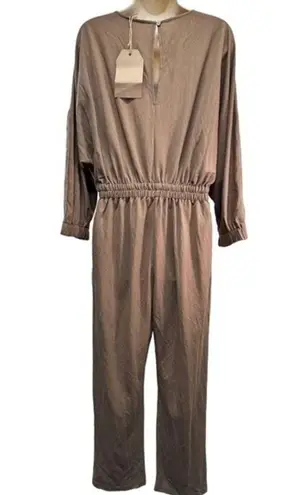 Listicle  Crepe Smocked Waist Quarter Sleeve Full Length Jumpsuit Jumper Brown