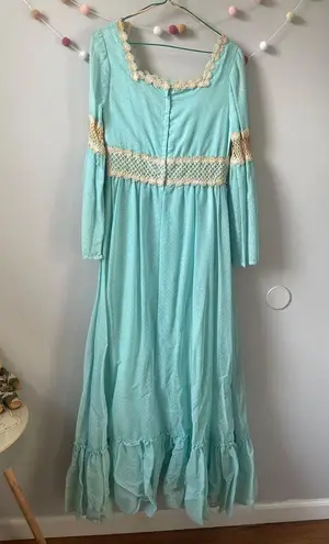 Vintage 1970 Robins Egg Blue Floral Crochet Prarie Boho Dress Size M