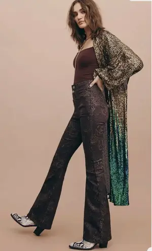 Free People Movement Free People High Rise Flare Jayde Printed Metallic Gold Foil Pants Jeans