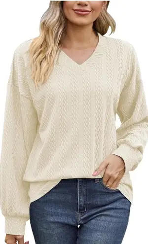 NEW Cream Colored Textured V Neck Lantern Sleeve Top Size Medium