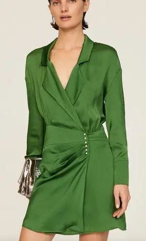 Ba&sh Green Mini Shirt Dress XS Wrap Designer Cocktail Satin Ruched Holiday $340