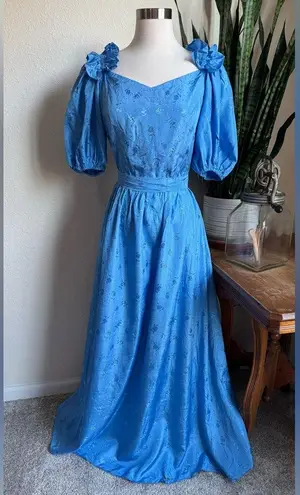 Vintage 70s Prairie Dress Blue Puff Sleeve Floral ILGWU Union Made Size M