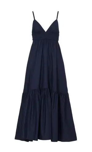 ALC Frank A.L.C. Rhodes Navy Poplin Sleeveless V-Neck Smocked Tiered Maxi Dress Size 6