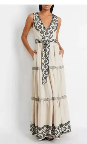 PatBO Sleeveless Linen Tan and Black Embroidery Maxi Sun Dress sz 6