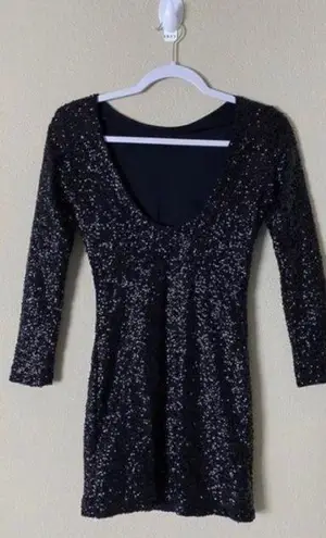 Divided Sequin Dress Small Size 4 Black Mini Formal Party Short Dress 3/4 Long Sleeve 