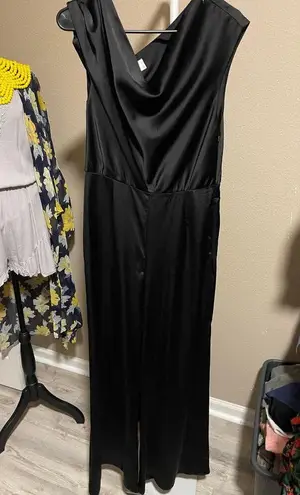 WAYF Black Satin Jumpsuit One Shoulder