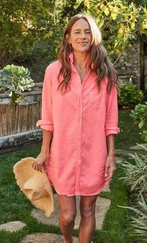 Frank & Eileen Mary Famous Denim Button Up Mini Dress Neon Strawberry Small S