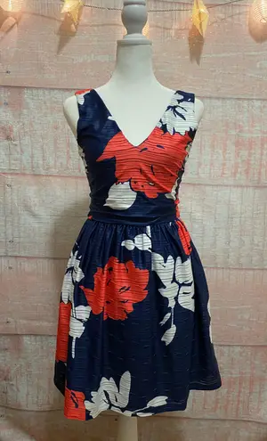 AQUA Blue Navy Dress with white and red flowers, Size S