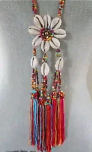 Mia Necklace Tassel Faux Seashells Long Boho Whimsy Colorful Blue