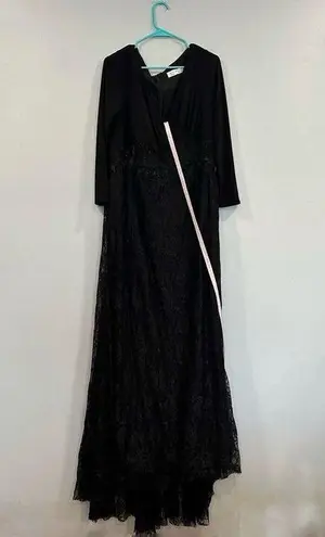 Mac Duggal 67896 Wrap Over Long Sleeve Lace Applique Black Trumpet Gown 16W NWOT