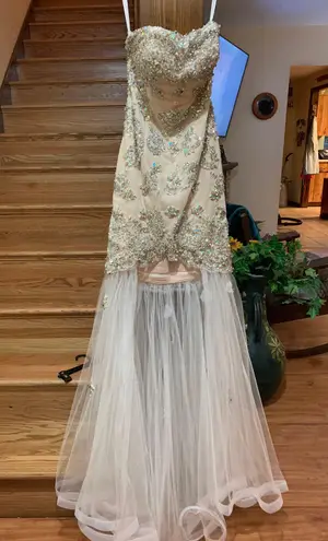 Beaded Lace Bodycon Strapless Dress with Train Tan Size 0