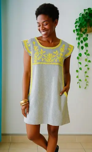 Uncle Frank Seersucker Embroidered Shift Dress Grey White Railroad Stripe Sz S