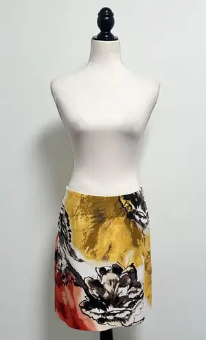 Nic Zoe Watercolor Floral Print Ivory Red Yellow Brown Pencil Unlined Skirt 2