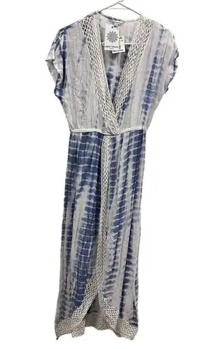 Blue Island Blue White Crochet Lace Trim Slit Short Sleeve Swim Coverup Size XS