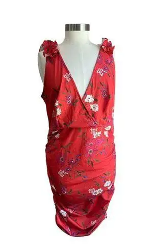 Fashion to figure Red Floral Form Fitting Ruched Sides V Neck Mini Dress