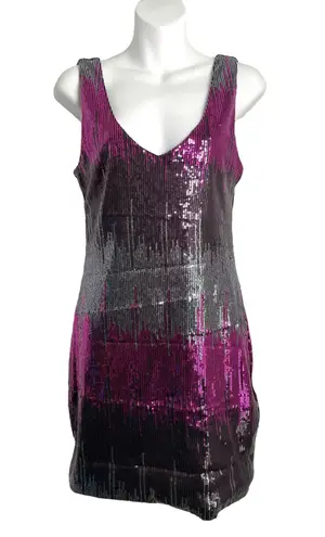 Vintage Y2K Multi Color Sequin Color Block V Neckline Mini Slip Dress Medium Pink