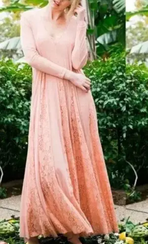 We Are HAH (Hot As Hell) Mama C Long Sleeve Copper Rose Sheer Lace Maxi Dress Pink Size M