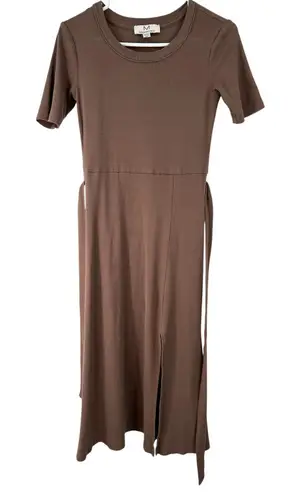 Magaschoni XS Midi Dress Ribbed T Shirt Casual Short Sleeve Brown Slit Stretch