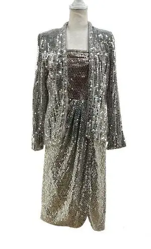 Vintage 80/90s Miss Bergdorf Sequins Mini Dress Set Silver
