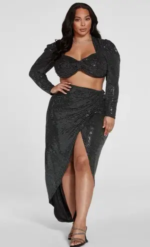 Fashion to figure Leandra Black Puff Sleeve Metallic Sequin Ruched Crop Top Sz L