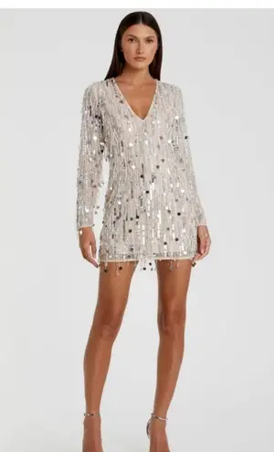 Mac Duggal Long Sleeve Beaded Fringe Plunge Neck Dress size 10