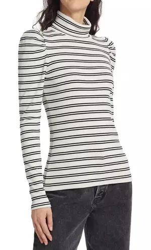 Veronica Beard Black and White Striped Cotton Turtleneck Top