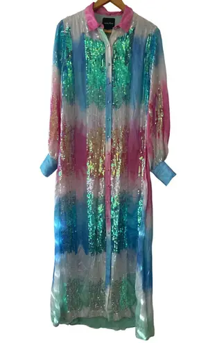Retrofête Pastel Rainbow Sequin Dessa Maxi Dress XS Long Sleeve Button Front Blue