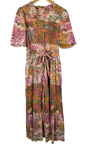 Banjanan Hilary Dress in Loki’s Garden Puffed Sleeve Midi Dress Size Medium Pink