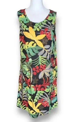 Vintage 90s Dress Sleeveless Scoopneck Multicolor Tropical Print Leaf Medium Green