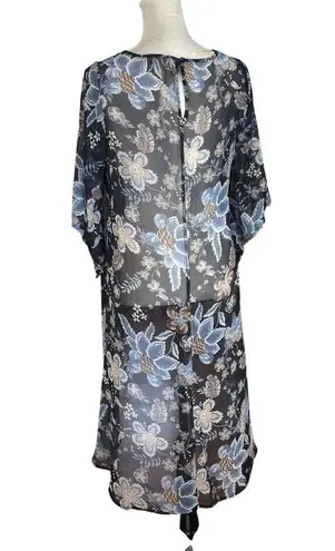 One World Floral Sheer High-Low Dress Cover-Up Blue & Beige Flowers Fit One Size