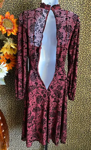 Unique Vintage NWT Burgundy Mesh and Black Floral Velvet Swing Dress | XS