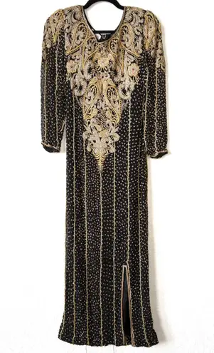 Lisa Kane Fantasy by Black and Gold Fully Beaded Silk Maxi Dress Size Small