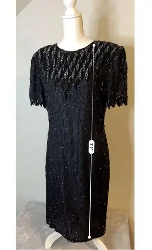 100% Silk Vintage Women’s Black Beaded Open Back MIDI Dress LARGE